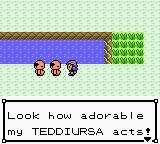 A screenshot from the game Pokemon Crystal. A trainer is telling the player 'Look how adorable my TEDDIURSA acts'!
