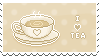 A pale pink stamp with pixel art of a cup of tea that reads 'I heart tea'