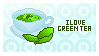 A stamp with a pixel drawing of a cup of green tea which reads 'I love green tea'