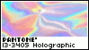 A stamp that reads 'Pantone 13-3405 Holographic' with an animation of a shiny, pulsating rainbow texture