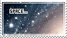 A stamp that reads 'Space...' over a photo of stars and galaxies